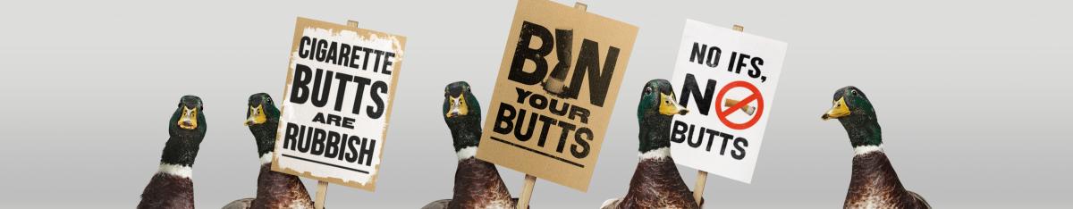 Mallards with placards reading "Cigarette butts are rubbish", "Bin Your Butts" and "No Ifs, No Butts"